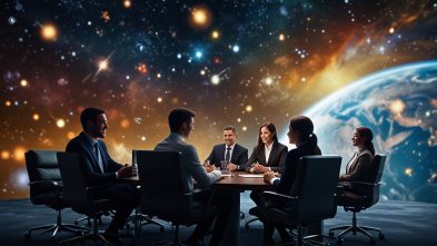 A group of business people having a meeting with a dramatic space art background